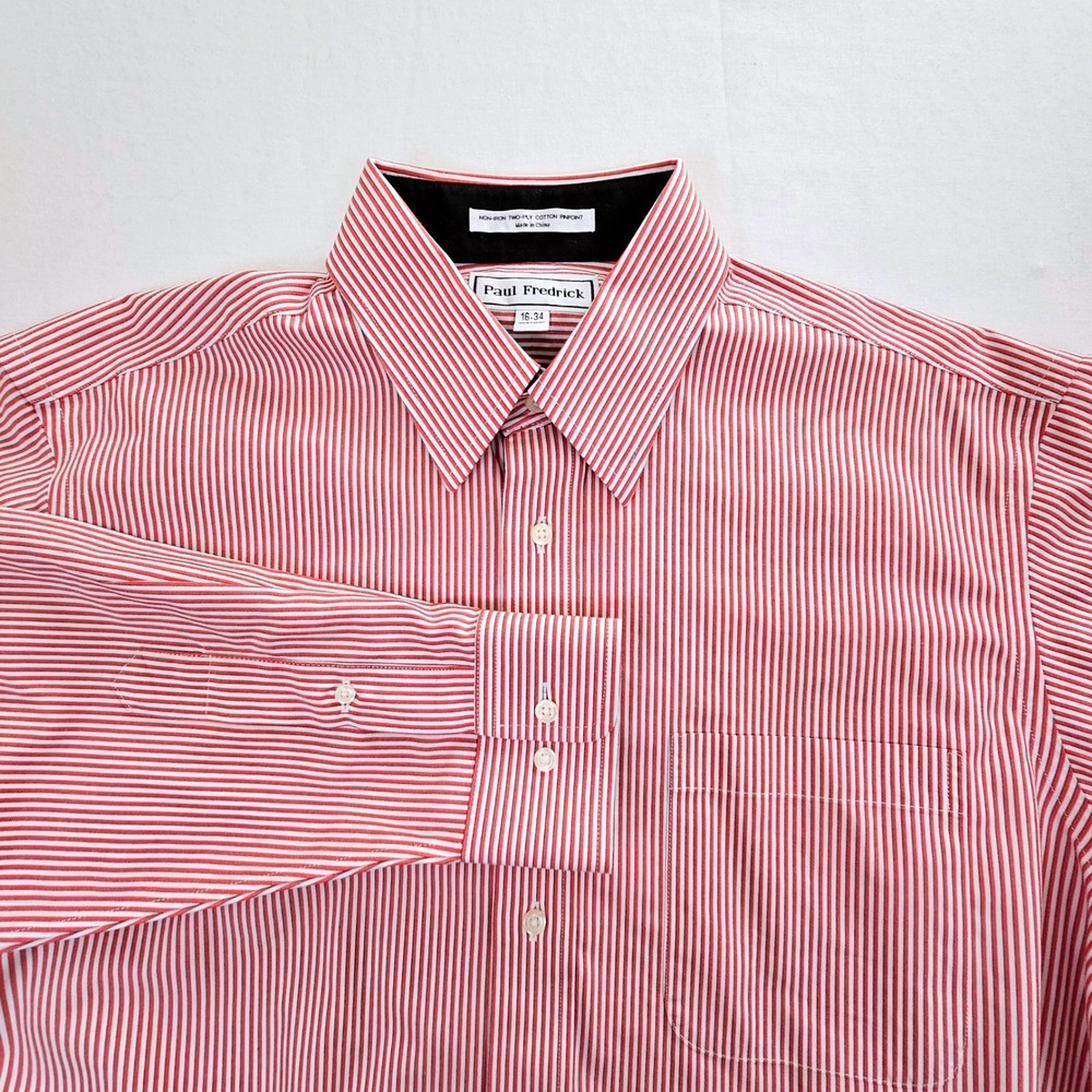 Paul Fredrick Mens Red White Striped Non-Iron Cotton Dress Shirt 16-34